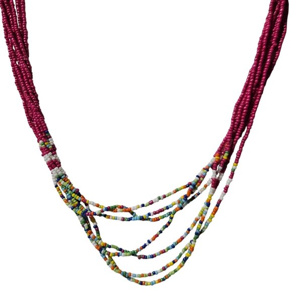 Boho Pink Seed Beaded Multi Strand Necklace Funky Fashion Jewelry Women - Picture 1 of 7